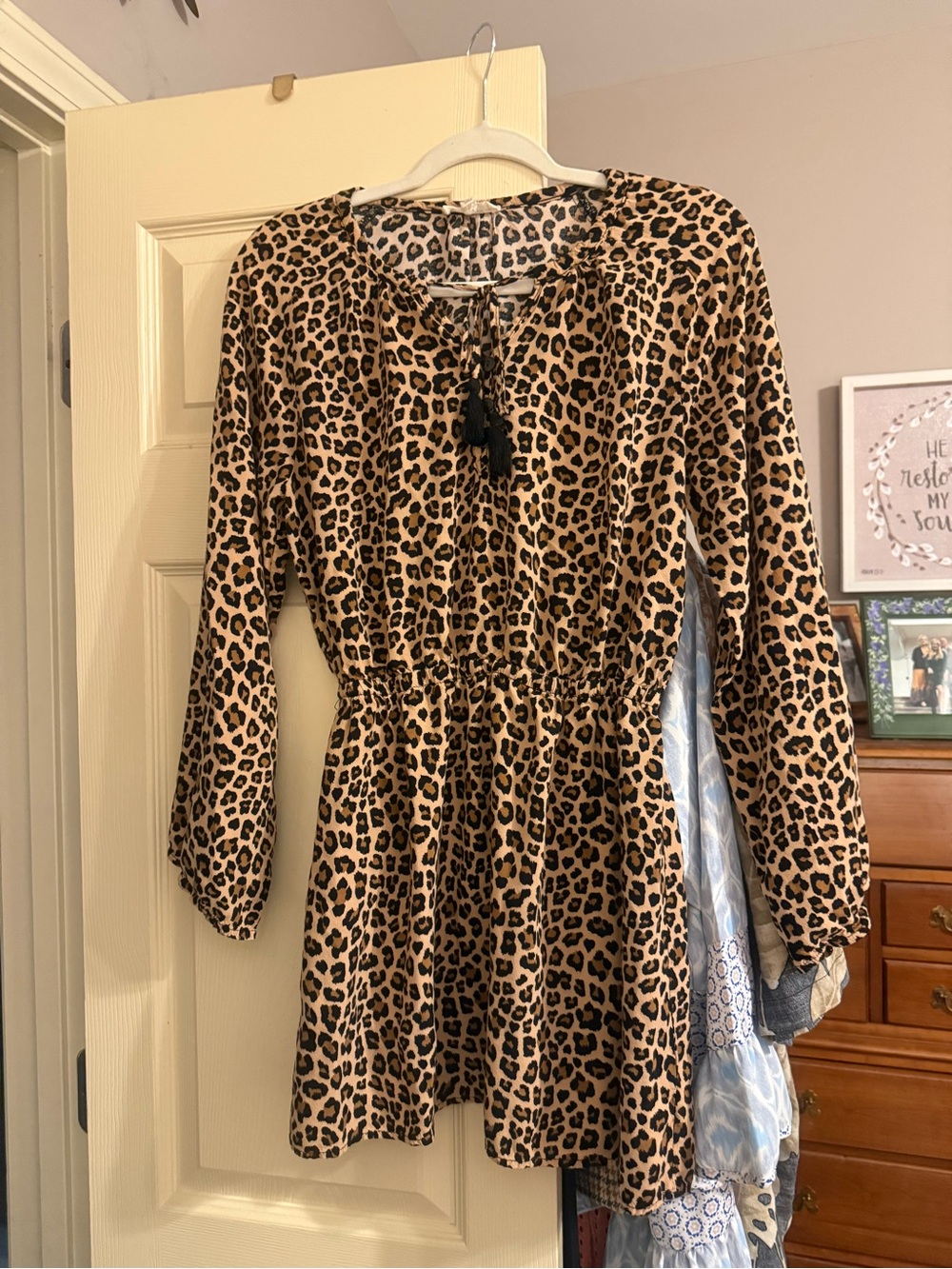 Leopard Print Long Sleeve Tie Neck Dress - Black & Tan